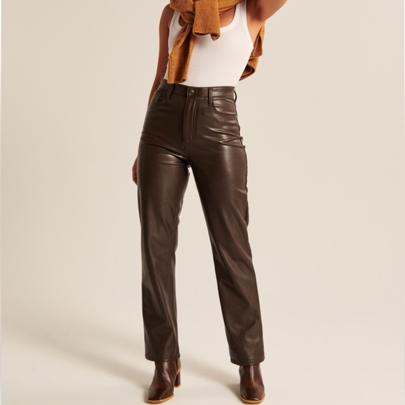 Vegan Leather 90s Straight Pant- Brown - Picture 1 of 7